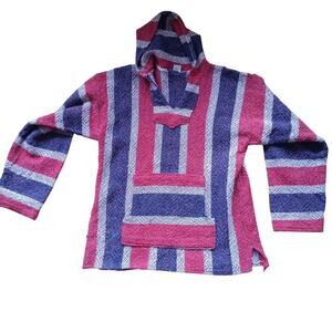 Red Blue Stripe Mexican Drug Rug Woven Pullover Baja Hoodie Sz LARGE